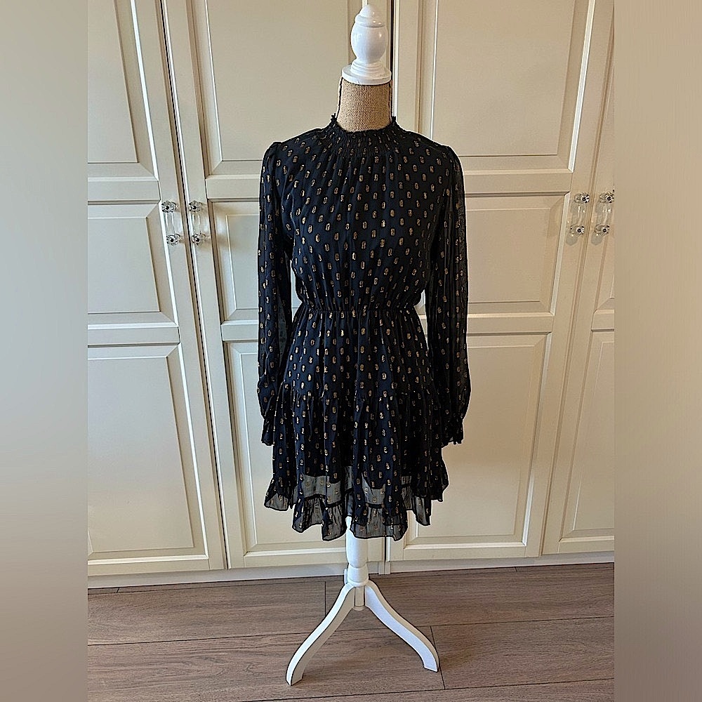 O.P.T. Black & Metallic Gold Fleck Chiffon Mini Dress Size M